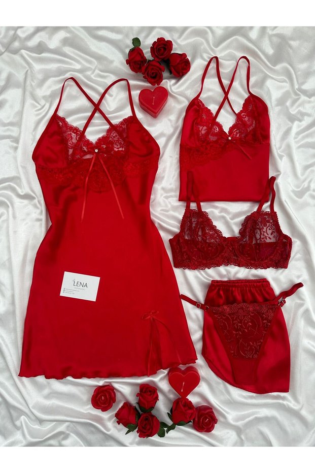 Women's 5-Piece Satin Slit Nightgown Bra Shorts Dowry Set