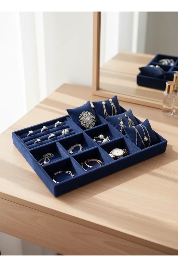 Domestic Production Oslo Model Suede Coated Dark Blue Color Padded Mix Drawer Inside Jewelry Organizer
