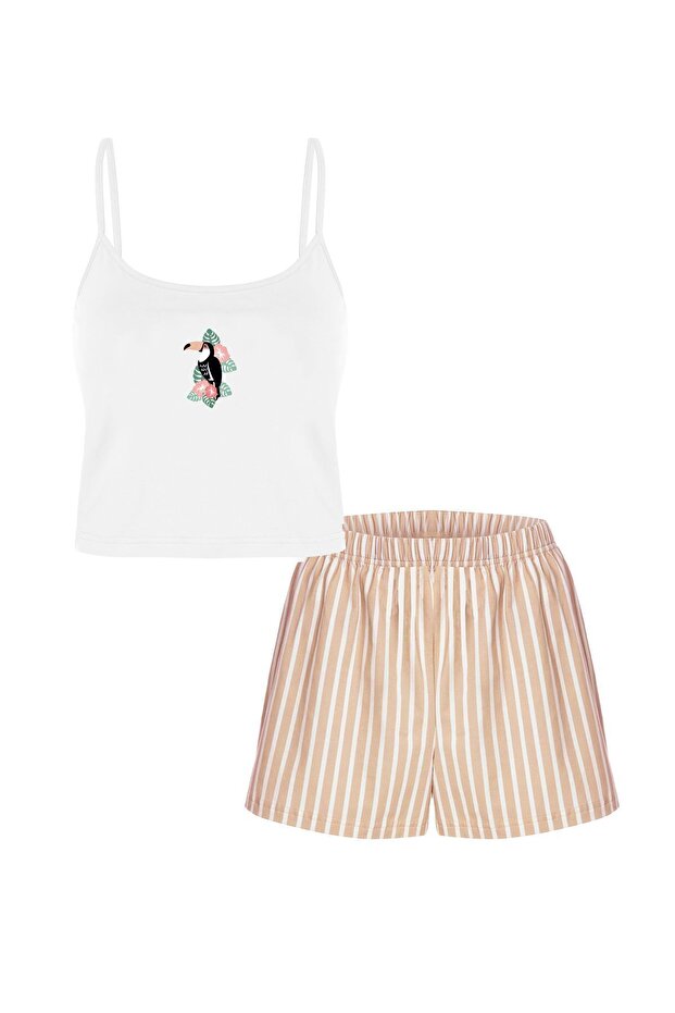 Women's Cotton Striped Patterned Rope Strap Shorts Pajama Set