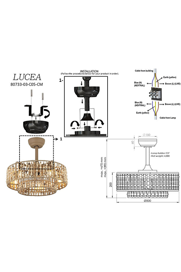 VANTONE 03 KREM 5'Lİ PLAFONYER PERVANELİ AVİZE - 2