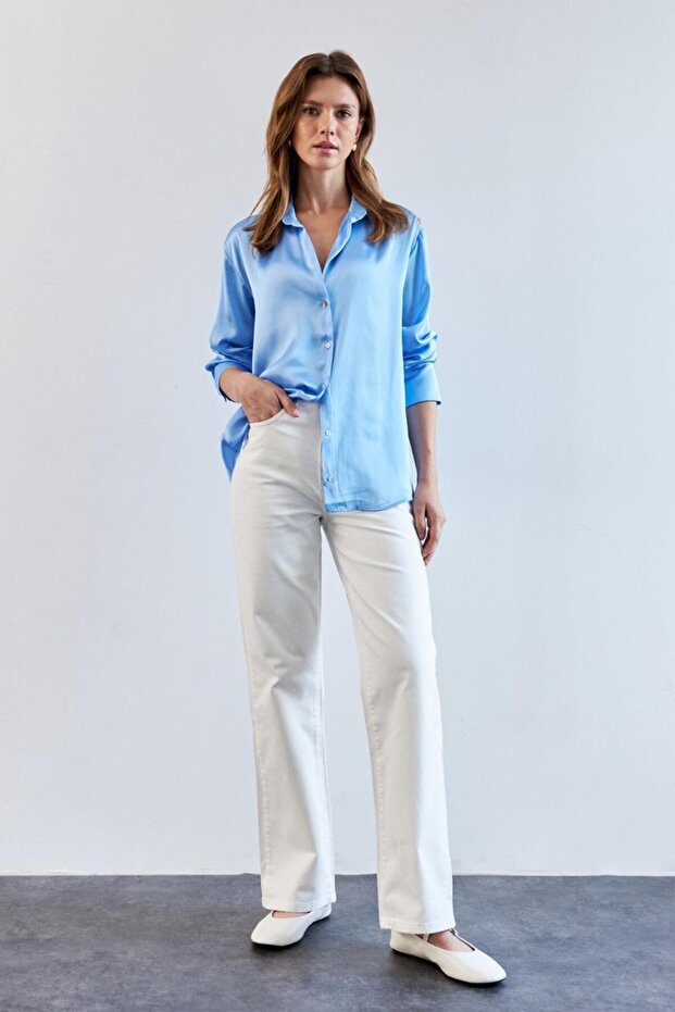 Basic Mavi Kadın Saten Gömlek - 1