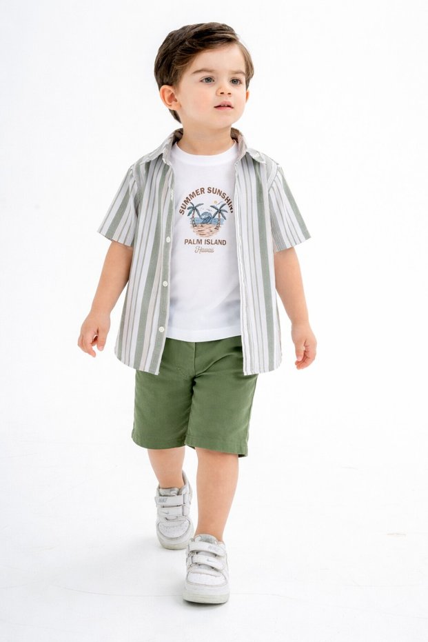 Stylish Shirted Striped Adjustable Waist Short Sleeve Shorts 3-Piece Set Children's and Baby Clothing Special Occ