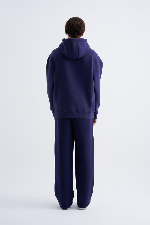 Erkek Basic Kapüşonlu Oversize Lacivert Sweatshirt - 4