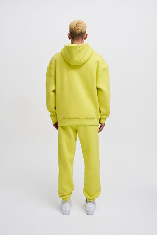 Erkek Oversize Basic Kapüşonlu Sweatshirt Neon Sarı - 5