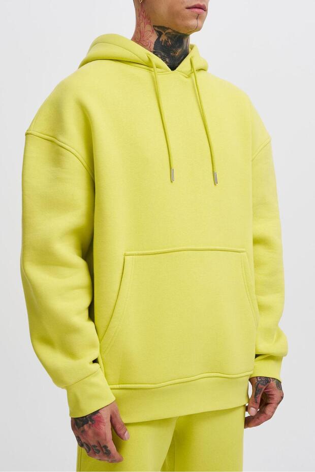 Erkek Oversize Basic Kapüşonlu Sweatshirt Neon Sarı - 2