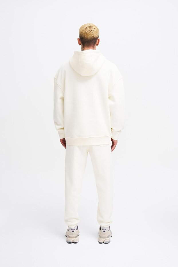 Erkek Oversize Basic Kapüşonlu Sweatshirt Ekru - 7
