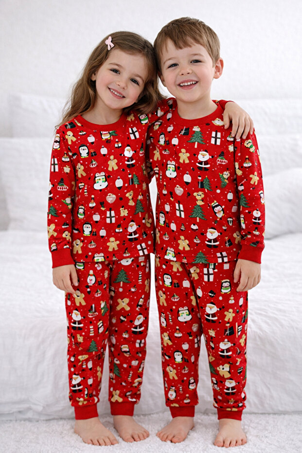 Unisex Children's Pajama Set Red Mixed Pattern 100% Cotton Single Jersey Fabric Crew Neck Long Sleeves
