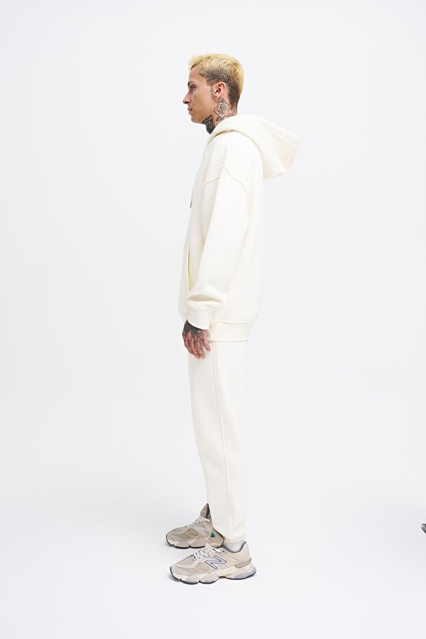 Erkek Oversize Basic Kapüşonlu Sweatshirt Ekru - 6