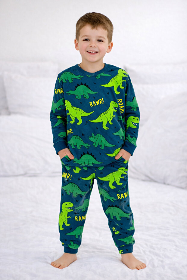 Boys' Pajama Set Dinosaur Patterned 100% Cotton Interlock Fabric Crew Neck