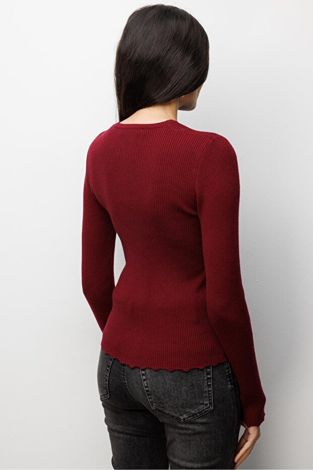 6972 Kadın Fitilli Basic Triko Hırka Bordo - 3