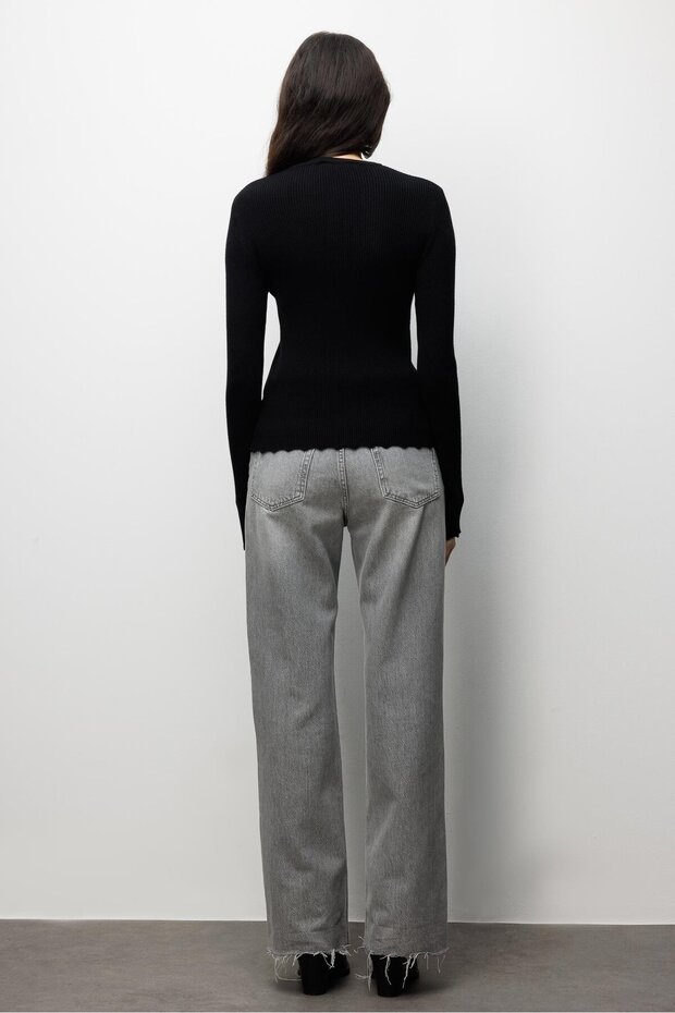 6972 Kadın Fitilli Basic Triko Hırka Siyah - 4