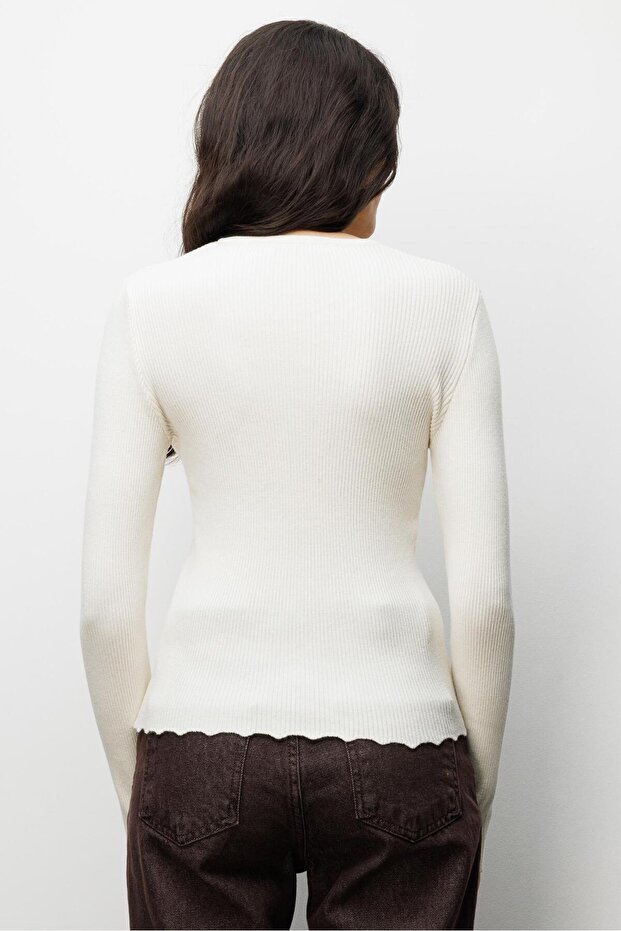 6972 Kadın Fitilli Basic Triko Hırka Naturel - 5