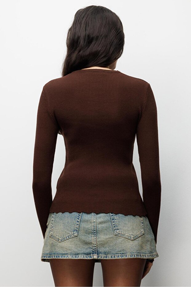 6972 Kadın Fitilli Basic Triko Hırka Kahve - 5