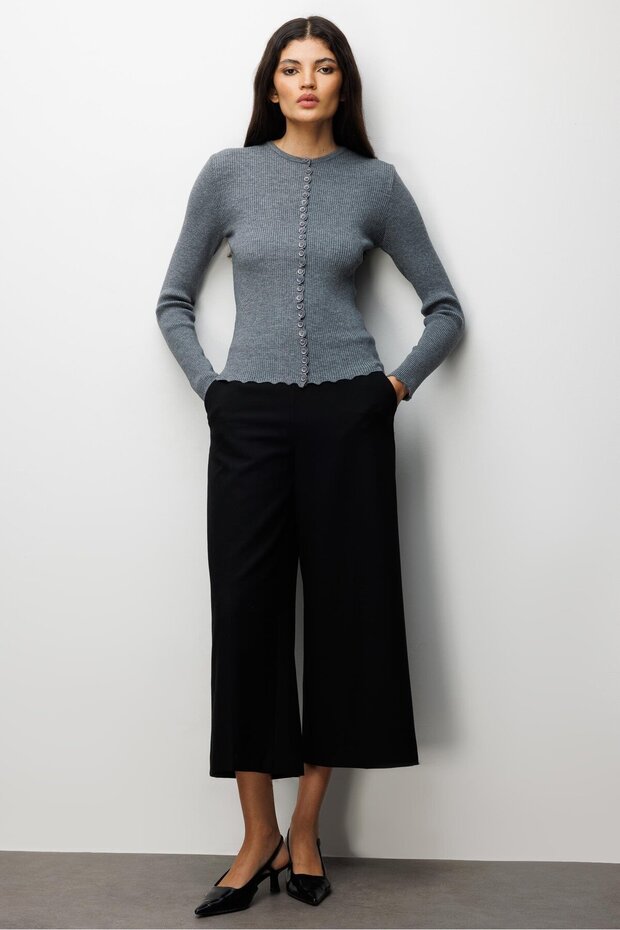 6972 Kadın Fitilli Basic Triko Hırka Gri - 2