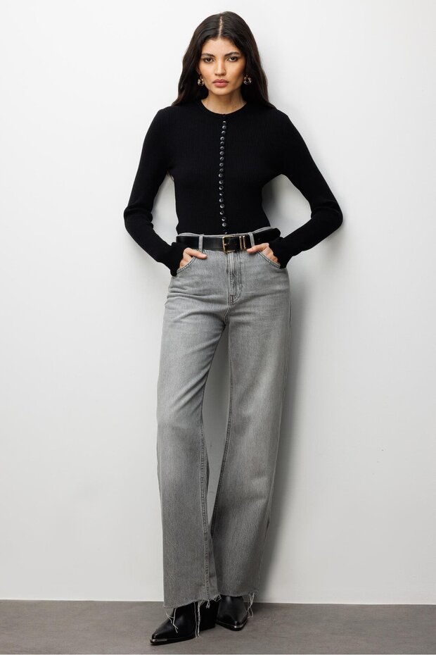 6972 Kadın Fitilli Basic Triko Hırka Siyah - 2