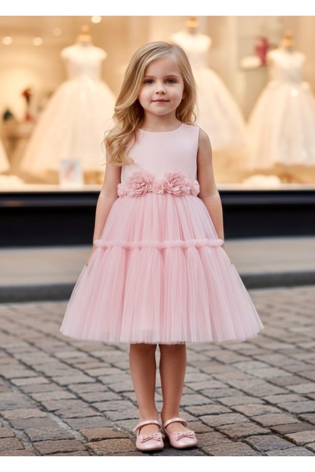 Girl's Flower Detailed Evening Dress