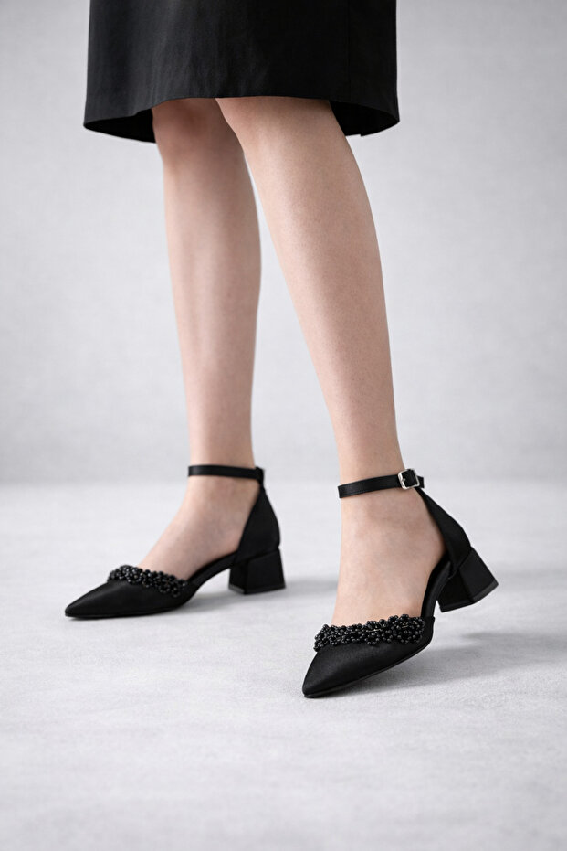 Black Satin Pearl Low Heeled Shoes