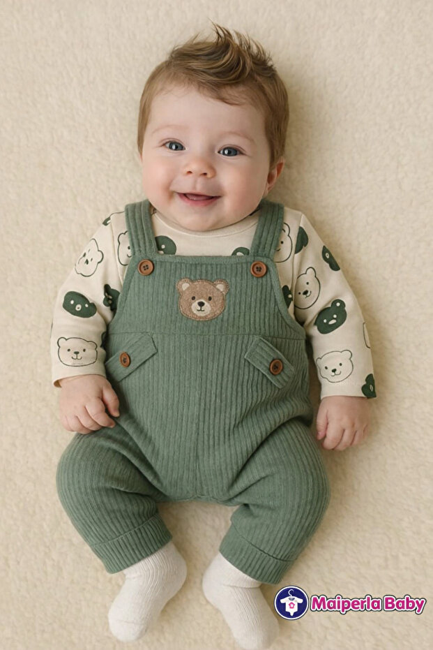 Baby Boy 3-Piece Romper Set With Overalls and Socks, Teddy Bear Patterned Bodysuit, Bear Embroidered, Cotton, Unisex