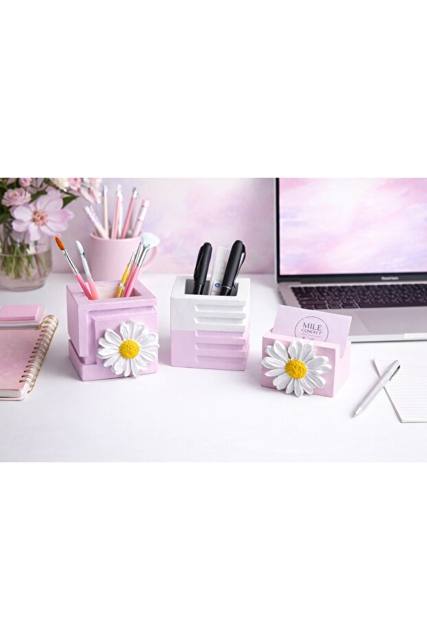 Decorative 3D Daisy Pattern Concrete Pen Holder, Cobalt Pcs, Card Holder Set of 3 Lilac