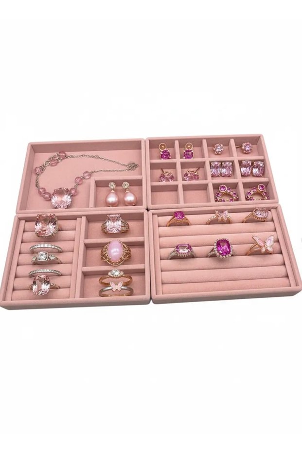Domestic Production Suede Fabric Pink Color Set of 4 Drawer Jewelry Stand
