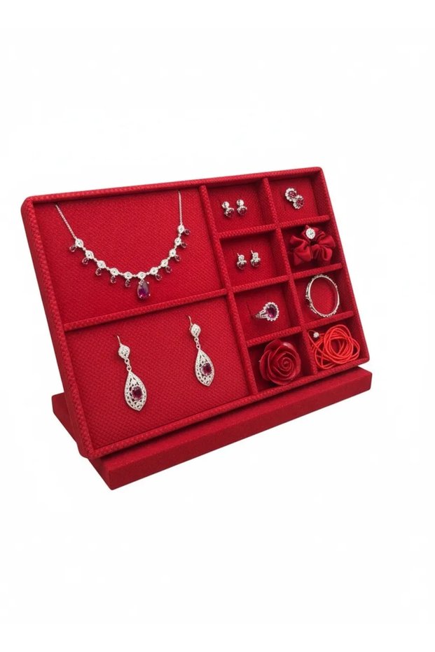 Domestic Production Sidney Model Linen Fabric Red Color 34/24 Cm Drawer Ici Jewelry Stand