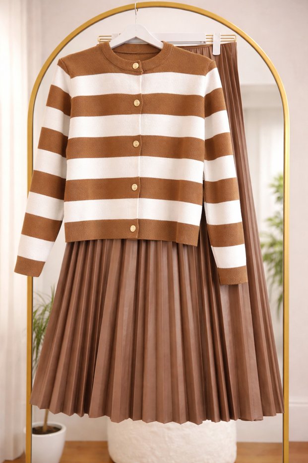 Women's Knitwear Cardigan Pleated Skirt Beige Set Women's Short Striped Cardigan and Skirt Set