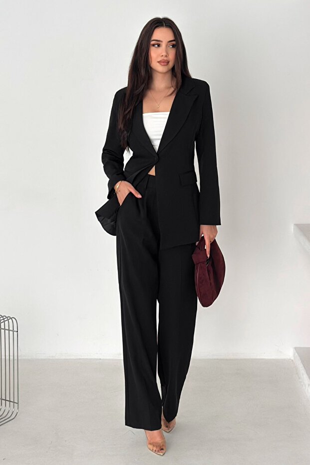 Black Laser Cut Blazer Jacket Palazzo Pants Suit