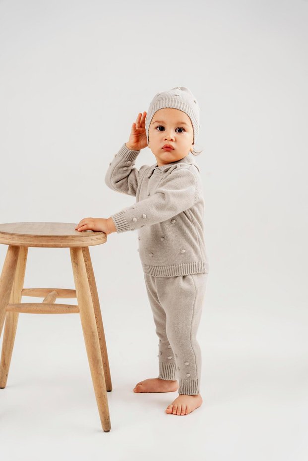 Unisex Baby Shirt Collar Pompom Set of 3 STONE