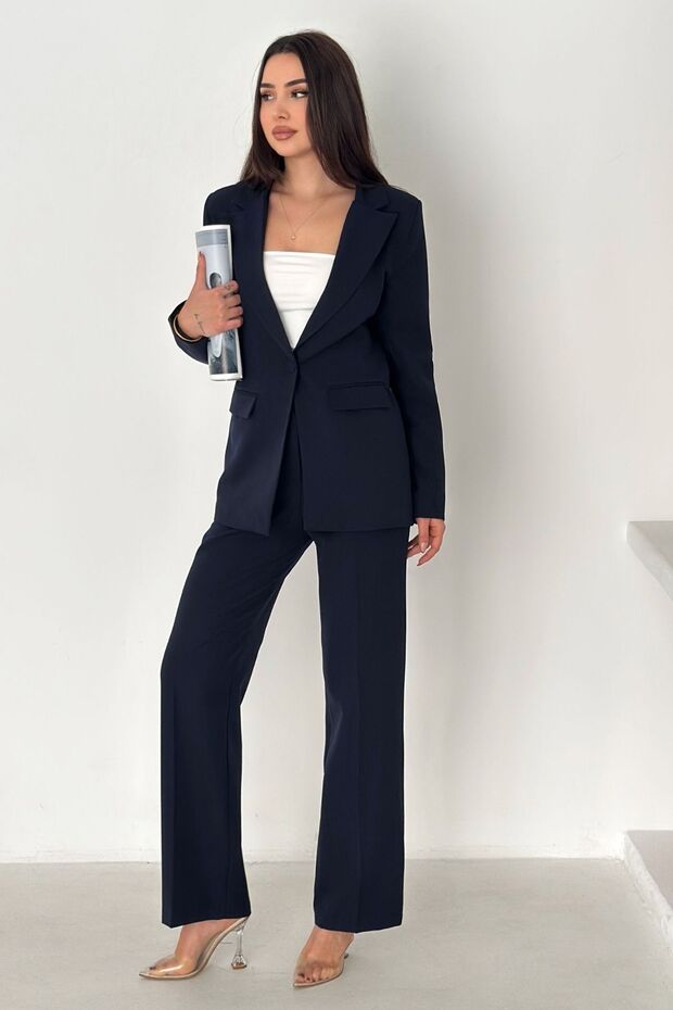 Navy Blue Laser Cut Blazer Jacket Palazzo Pants Suit