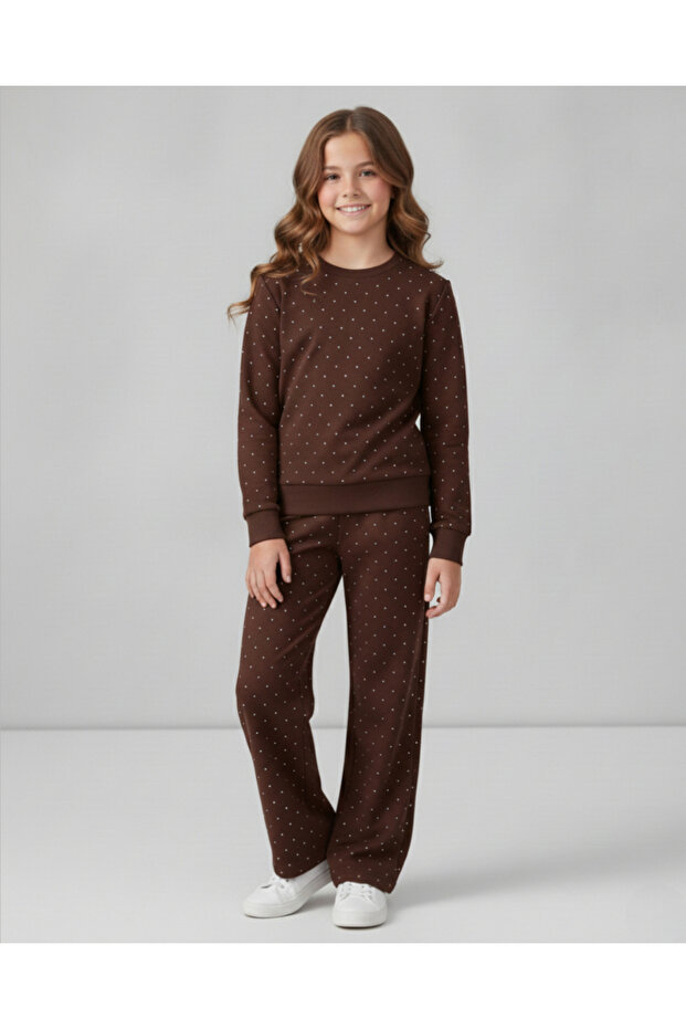 Girl's Osysho Fabric 5-14 Years Wide Leg Stone Bottom Top Transitional 2-Piece Tracksuit Set