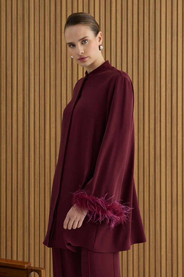 Vişne Şerit Tüylü Tunik - 1