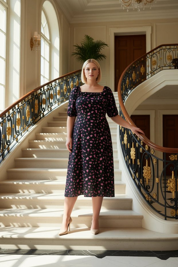 Women's Plus Size Square Neck Balloon Sleeve Midi Dress Polka Dot Pattern Woven Fabric Functional