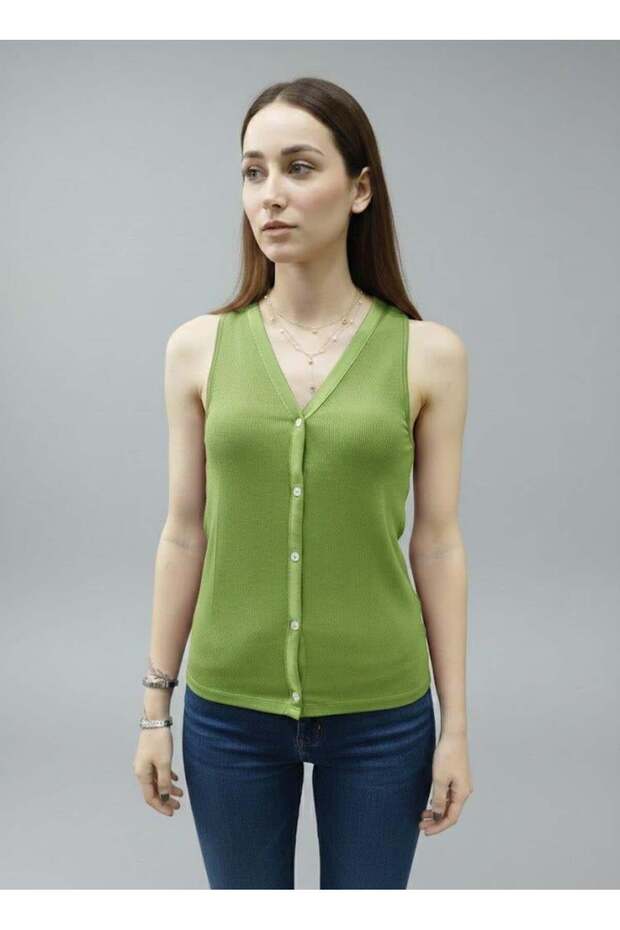 Women's Green V-Neck Buttoned Corded Fabric Ribbed Knit Tank Top - Sleeveless Slim Knitted Blouse