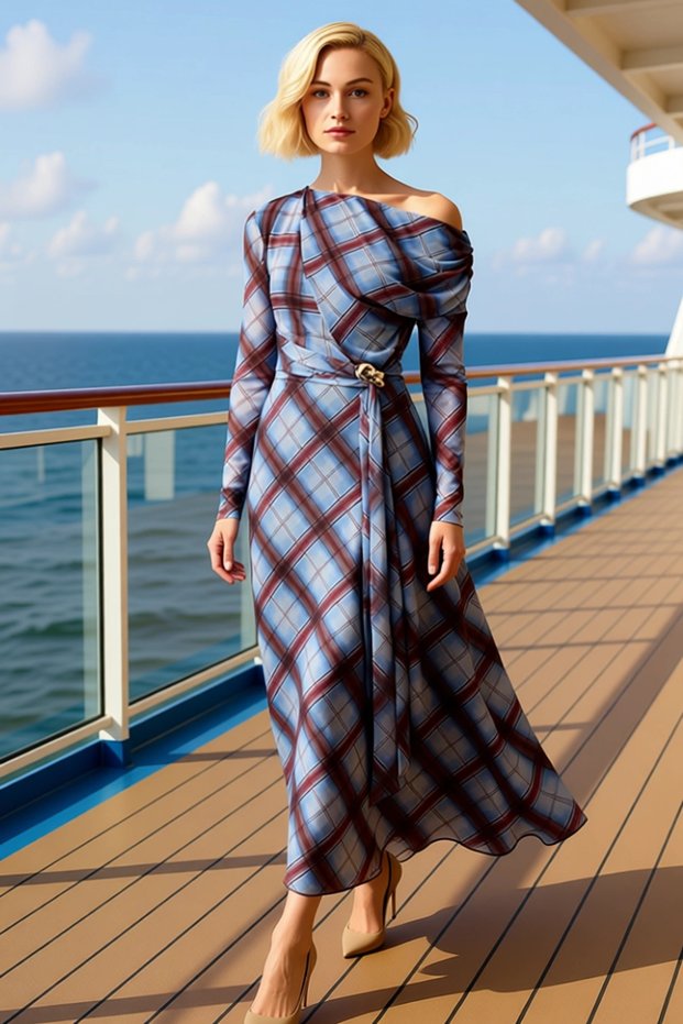 Women's Plaid Pattern Asymmetrical Collar Long Sleeve A-Line Fit Maxi Knitted Dress Functional Stylish