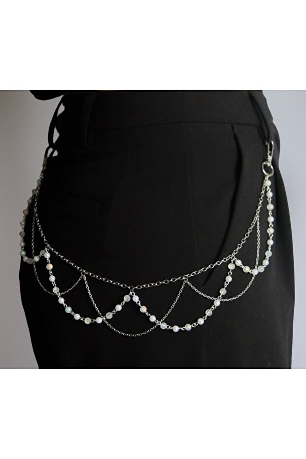 Pearl Detailed Pants and Waist Chain - Silver Color Dangle Accessory