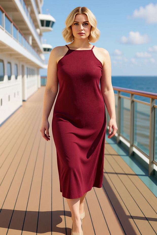 Women's Halter Neck Sleeveless Wrinkled Textured Maxi Length Knitted Plus Size Dress Functional Sports