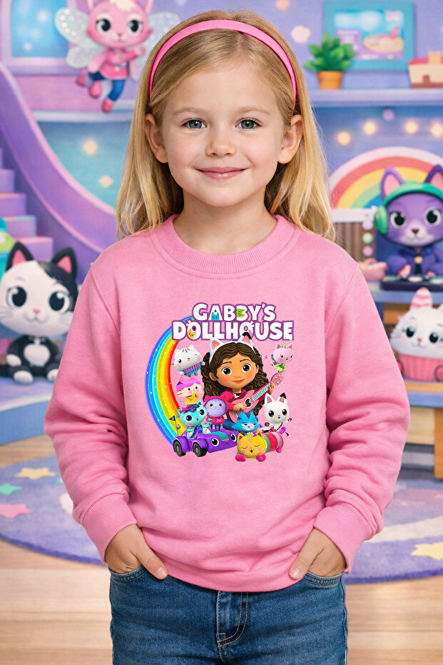 Gabby Dollhouse Pattern Printed Girls Black Pink Sweatshirt