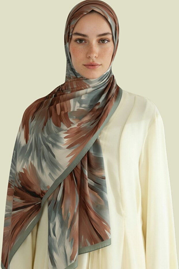 Leaf Patterned Viscose Shawl Gray - Brown - 3