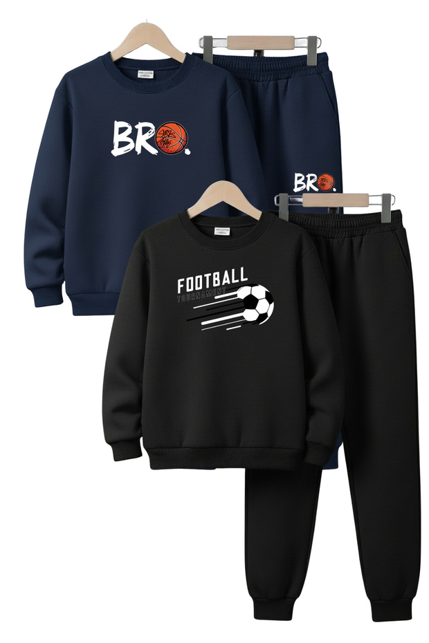 3 Thread Round Neck Thick Winter Sh Fleece-Lined Print Detailed 4 Piece Boys Tracksuit Set