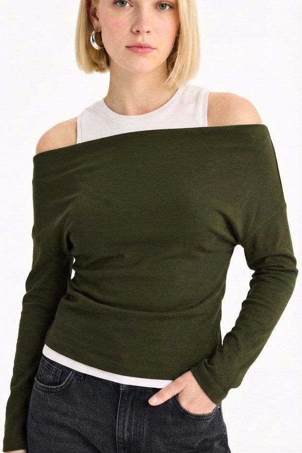 Khaki Slim Fit Slim Fit One Shoulder Double Layer Ribbed Cotton Long Sleeve T-Shirt