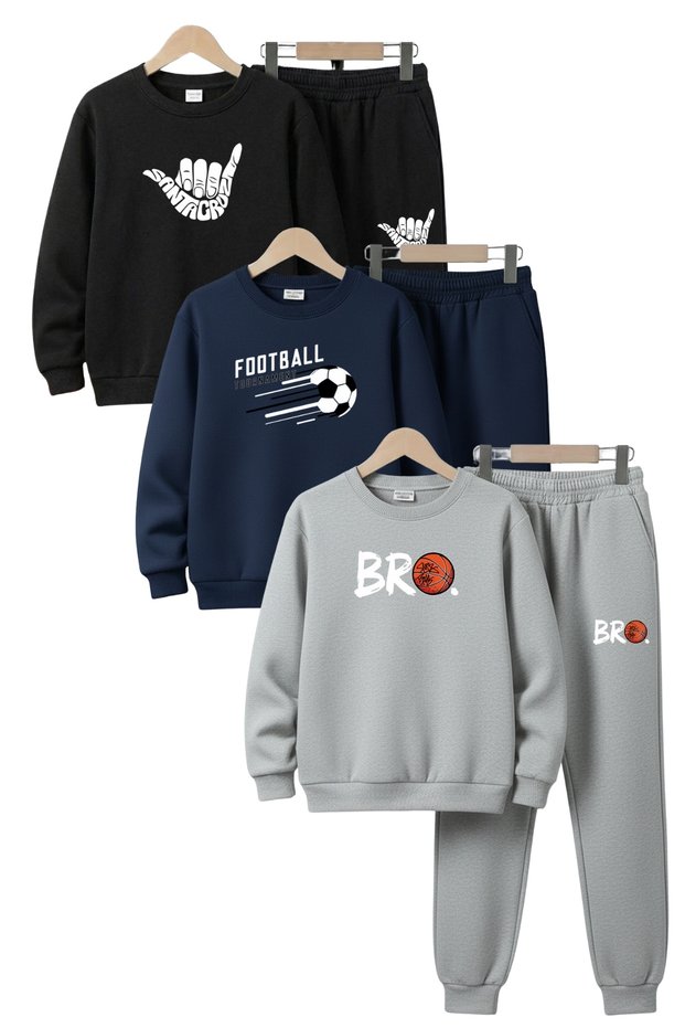 3 Thread Round Neck Thick Winter Sh Fleece-Lined Print Detailed 6 Piece Boys Tracksuit Set