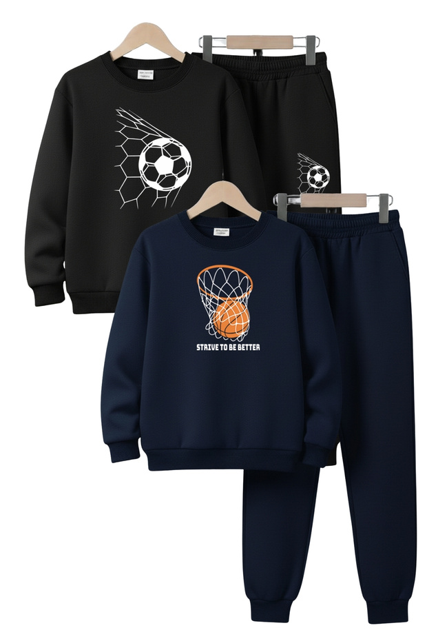 3 Thread Round Neck Thick Winter Sh Fleece-Lined Print Detailed 4 Piece Boys Tracksuit Set