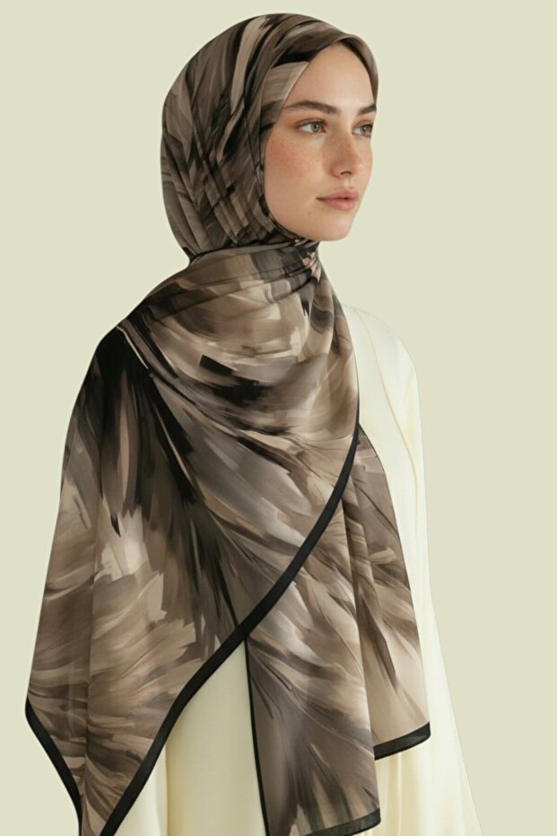 شال فيسكوز منقوش بأوراق الشجر أسود - كريمي - 5