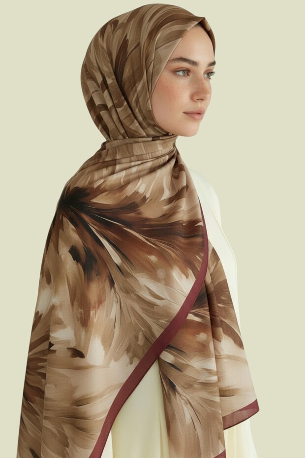 شال فيسكوز منقوش بأوراق الشجر بنفسجي - بني - 4