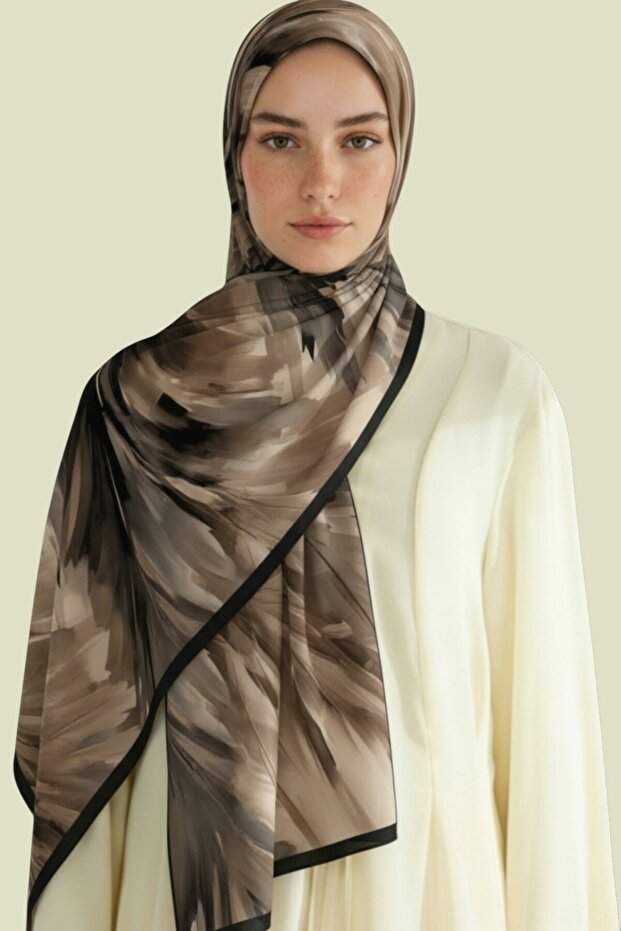 شال فيسكوز منقوش بأوراق الشجر أسود - كريمي - 3