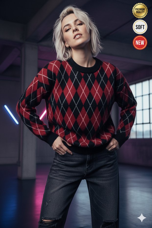 Women's Black Burgundy Small Diamond Pattern Sweater Xs-S-M Size Compatible Standard Size Soft Knitwear Sweater