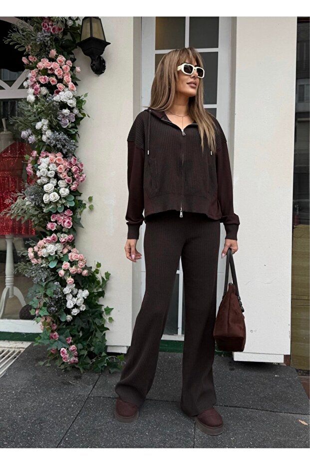 Women's Bitter Brown Modal Knitwear Double Suit – Zippered K Hooded Top & Wide Leg Pants 7702