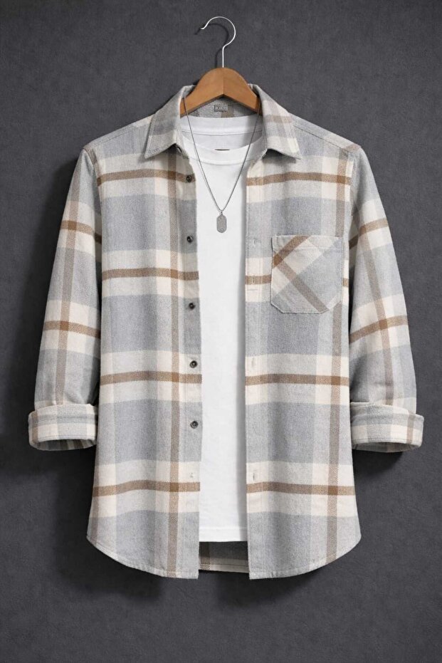 Single Pocket Detailed Plaid Textured Cashmere Cotton Winter Lumberjack Shirt