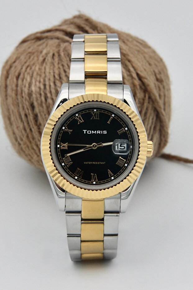 Steel Men's Wristwatch, Waterproof, with Calendar, Gold and Silver Color Band, Roman Numeral Men's Wristwatch