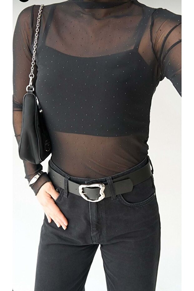 Bluză cu mânecă lungă cu pietre aplicate transparentă - 1